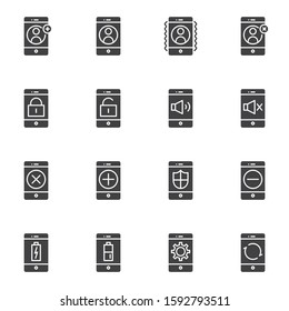 Mobile phone function vector icons set, modern solid symbol collection, filled style pictogram pack. Signs, logo illustration. Set includes icons as contact, vibration mode, unlock screen, charging