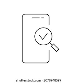 Icono de línea de aplicaciones y funciones de teléfono móvil. Signo de búsqueda web de especificación de Smartphone. Ilustración lineal vectorial trazos editables