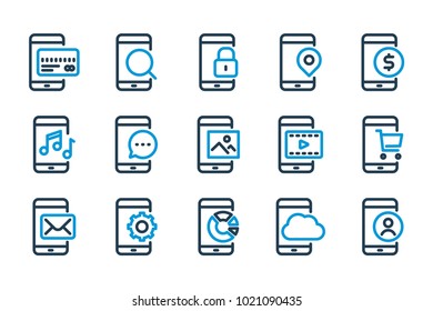 Mobile phone functions related line icon set. Smartphone settings vector illustration.