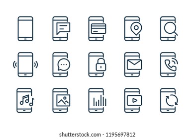 Mobile Phone Functions and Settings line icons. Smartphone technology vector linear icon set.