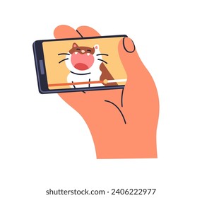 Mobile phone with funny video on screen. Hand holding smartphone, watch entertainment content about cats pets, watching online in internet. Flat vector illustration isolated on white background