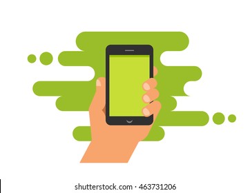 mobile phone game app, hand with smartphone, city landscape and nature