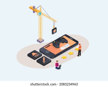 Mobile Phone Game Application Development Vector Concept. Workers Developing Mobile Phone Gaming App. 3D Isometric Design