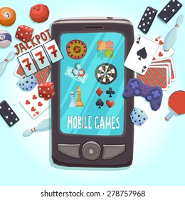 Mobile phone games concept with casino bowling ping-pong dice domino joystick darts and puzzle vector illustration.
