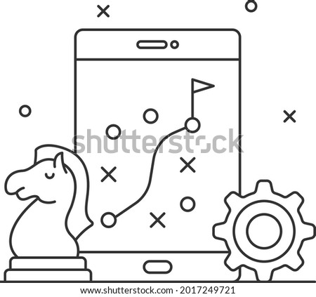 Mobile phone, gear and knight Vector Icon Design, eBusiness Strategy Symbol, Marketing plan Sign, administration and operational management Stock illustration, Creating a Success Journey Map Concept