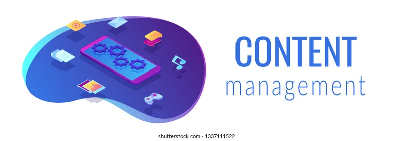 Mobile phone with gears and content icons music, games and video, photo and mail. Mobile viral content, online news feed, content management concept. Isometric 3D banner header template copy space.