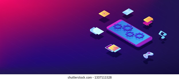 Mobile phone with gears and content icons music, games and video, photo and mail. Mobile viral content, online news feed, content management concept. Isometric 3D banner header template copy space.