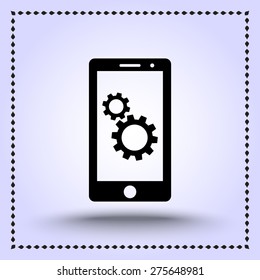 Mobile phone with gears sign icon, vector illustration. Flat design style