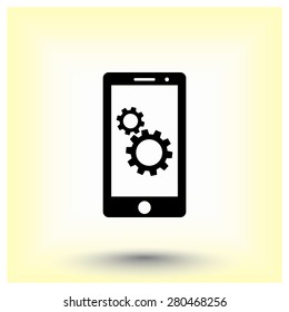 Mobile phone with gears sign icon, vector illustration. Flat design style