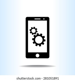 Mobile phone with gears sign icon, vector illustration. Flat design style