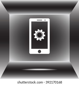 Mobile phone with gears sign icon, vector illustration. Flat design style