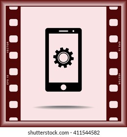 Mobile phone with gears sign icon, vector illustration. Flat design style