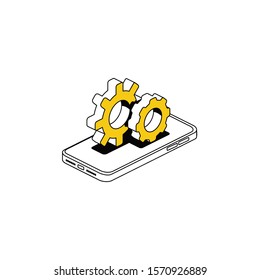 Mobile phone gears. Vector 3d isometric, color web icon, new flat style. Creative illustration design, idea for infographics.