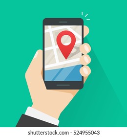 Mobile phone geo location, hand with smartphone gps navigator city map and pin pointer, roadmap direction, idea of quest game route, person found location vector illustration isolated