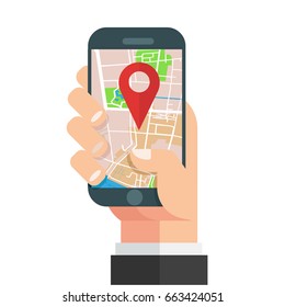 Mobile phone geo location, hand with smartphone gps navigator city map and pin pointer, roadmap direction, idea of quest game route, Vector illustration. Flat design.