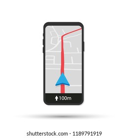 Mobile phone geo location, smartphone gps navigator city map and pin road pointer, roadmap direction. Vector stock illustration.