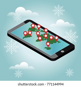 Mobile phone geo location. Snow winter day. Waiting for a Christmas and New Year around the world. Smartphone gps navigator