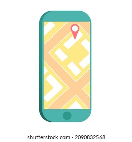 Mobile phone with geolocation. Location search function. Vector isolated flat illustration of smartphone