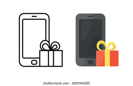 Mobile phone with a gift box. 
Smartphone vector color and line icon. Online shopping concept illustration