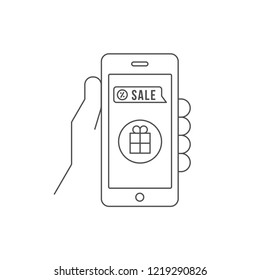 Mobile phone with gift icon on the screen, sale offer, smart phone vector linear illustration