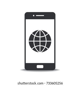 Mobile phone with a globe on the screen, Mobile Phone Vector Icon, Vector Illustration, Eps10
