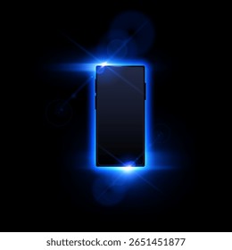 Telefone celular em raios azuis de néon brilhantes e brilho em fundo preto isolado. Montagem de tela em branco. Resumo. Tecnologia. Apresentação do jogo. Ilustração realista de vetor.