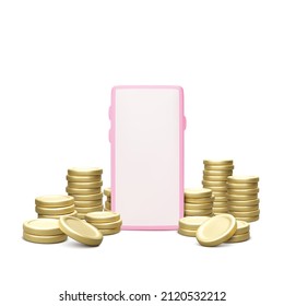 Teléfono móvil y pila de monedas doradas aisladas en fondo blanco. El concepto de devolución de efectivo o de banca en línea. Ilustración del vector