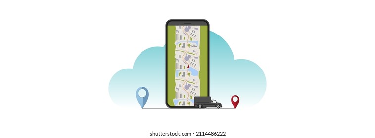 Mobiltelefon mit GPS-Karte für die genaue Adresse des Lastwagens.