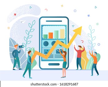 Mobile phone with a graph with a growing arrow as a sign of victory, success, growth, progress, achievement. Businesses are happy and exult in the growth of revenue and the progress of the mobile app.