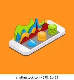 Mobile phone with graphs and reports in the form of diagrams. phone settings, parameters, quotes, curves, diagrams. Vector Isometric 3d phone.