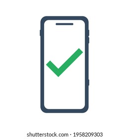 teléfono móvil con marca de verificación verde, icono de tarea o proceso completado