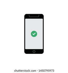 Mobile phone with green tick. Smartphone with checkmark on display vector illustration. Accept icon, vote checkbox, yes button