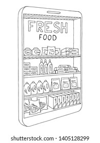 Mobile phone grocery shelves graphic black white isolated sketch illustration vector