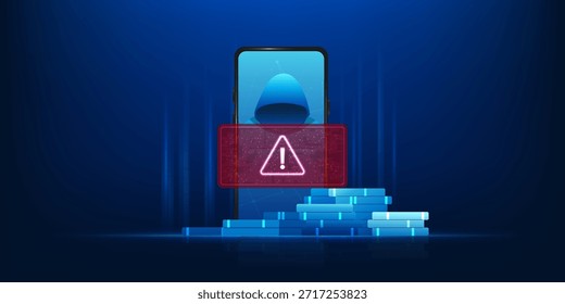 Concepto de estafa de piratas informáticos de teléfonos móviles con ciberdelincuentes dentro del teléfono inteligente y la moneda digital en primer plano, fraude en línea, ataque de phishing, robo financiero, violación de datos, ciberdelito, robo de identidad