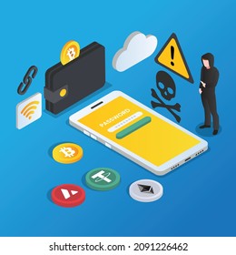 Mobile phone hacking cryptocurrency isometric 3d vector concept for banner, website, illustration, landing page, flyer, etc.