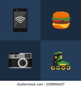 Mobile Phone. Hamburger. Camera. Rollers. Set Icons. Set Objects. Vector illustration.