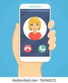 Mobile phone in hand. Answer the call on the smartphone. Technology for communication. In flat style on blue background. Cartoon.