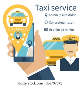 Mobile phone in hand with the app for an order of a taxi service. Vector illustration.