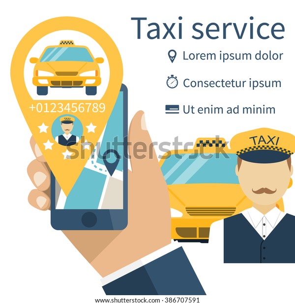 Mobile phone in hand with the app for an
order of a taxi service. Vector
illustration.