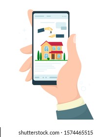 Teléfono móvil en una mano. Aplicación. Comprar o buscar bienes raíces en línea. Realtor. Ilustración vectorial en estilo plano de caricatura.