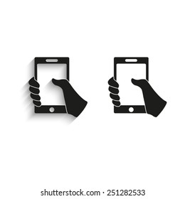Mobile phone in hand - black vector icons