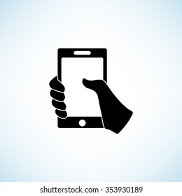 Mobile phone in hand -  black vector icon