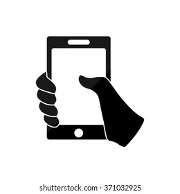 Mobile phone in hand  - black vector icon