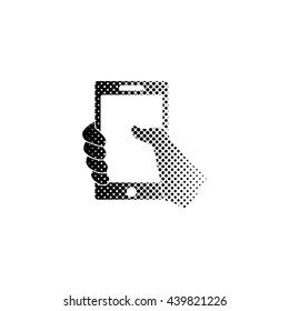 Mobile phone in hand - black vector icon;  halftone illustration