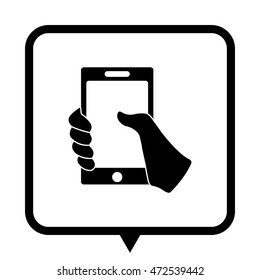 Mobile phone in hand - black vector icon;  message bubble