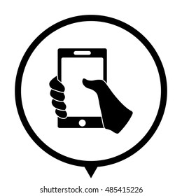 Mobile phone in hand - black vector  icon; map pointer