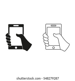 Mobile phone in hand  - black vector icon