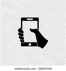 Mobile phone in hand  - black vector icon