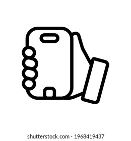 Mobile phone and hand, cellphone, simple icon. Black linear icon with editable stroke on white background