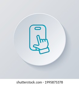 Teléfono móvil y mano, teléfono celular, icono simple. Cortar círculo con capas grises y azules. Estilo de papel